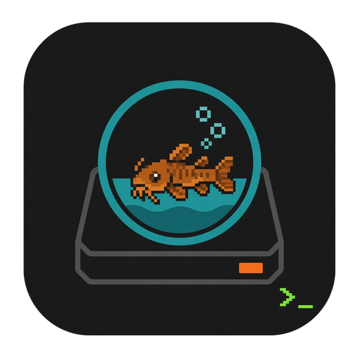 Tidy Tank app icon: a pixel-art orange pleco in a round fishbowl sitting on a hard drive, with a green terminal prompt